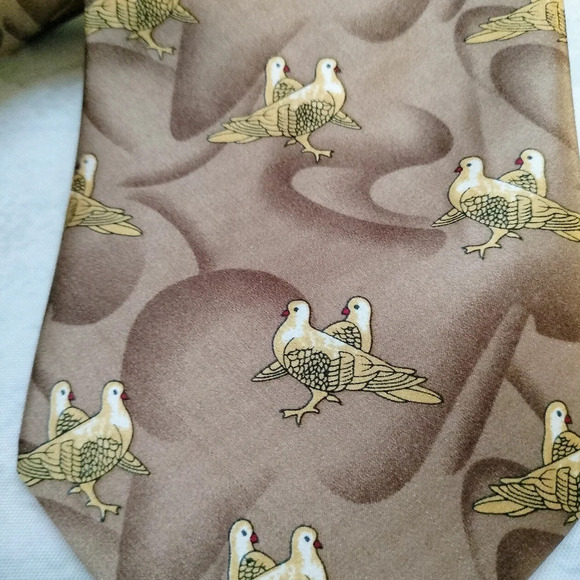 Kai Long Silk Tie Necktie Tan Brown Abstract Birds Handmade 56x4. B - Picture 4 of 7